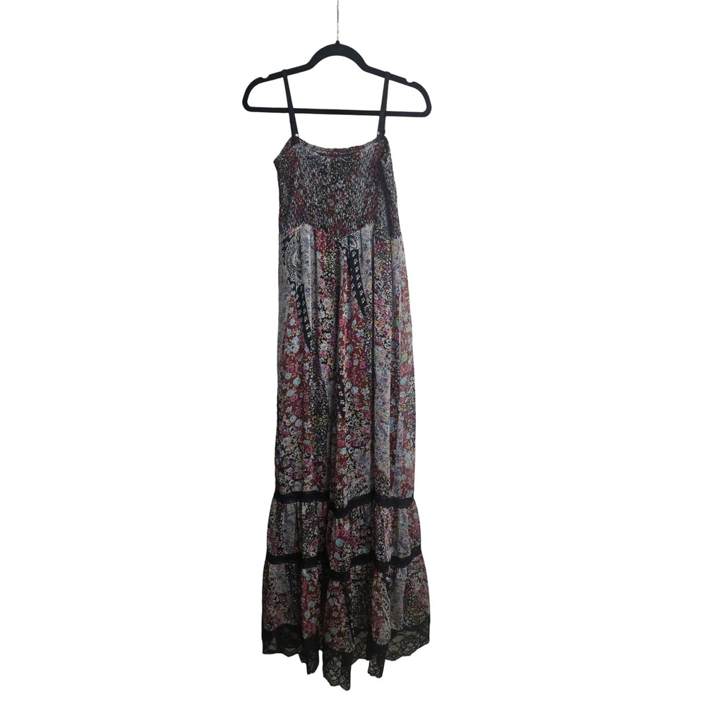 Twenty One Floral Paisley Patchwork Smocked Maxi Dress Lace Trim Medium Boho
